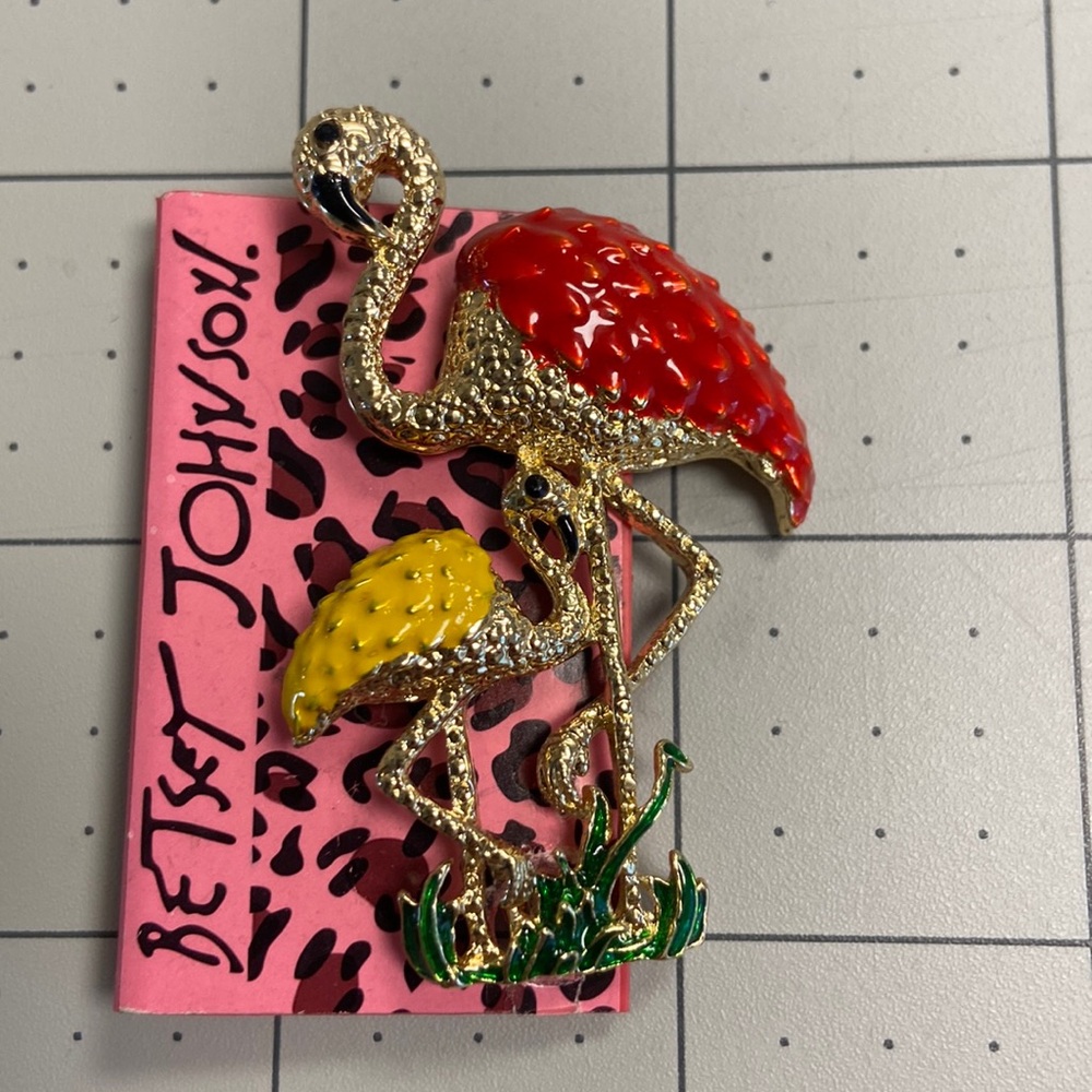 Enameled Flamingos Betsey Johnson Brooch 2” #66